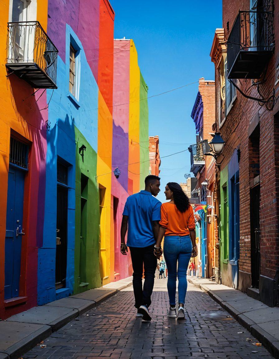 A bustling urban street scene enriched with diverse couples expressing love and joy, vibrant murals adorning the walls, a backdrop of cityscape silhouettes, and a rainbow flag fluttering in the breeze, emphasizing inclusivity and urban culture. The atmosphere is alive with color and emotion, highlighting the celebration of love in various forms. super-realistic. vibrant colors. 3D.