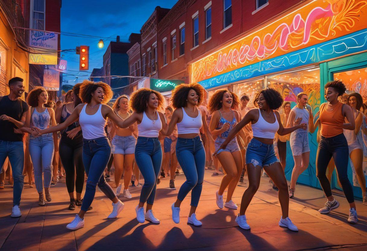 A vibrant street scene showcasing a diverse group of LGBTQ individuals expressing themselves through dance and art. Colorful murals adorn the buildings, reflecting the richness of urban culture. The atmosphere is alive with music and laughter, illuminated by neon lights as dusk approaches. Capture a sense of community and celebration, with an emphasis on inclusivity and creativity. super-realistic. vibrant colors. dynamic composition.