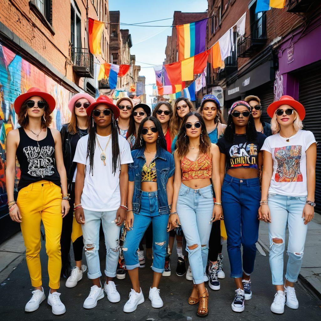 A vibrant street scene showcasing colorful graffiti art on urban walls, blended with diverse fashion styles reflecting LGBTQ identities. People of various backgrounds adorned in bold outfits interact in a lively atmosphere, symbolizing unity and diversity. Include elements of pride flags and creative fashion accessories to enhance the theme. super-realistic. vibrant colors. urban setting.